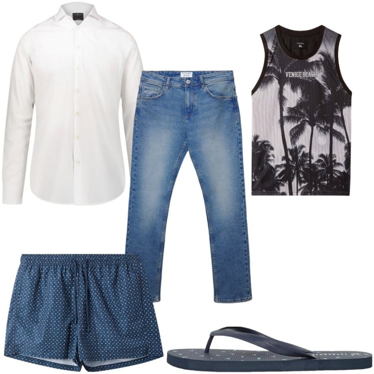 Outfit uomo - Total look #2272682. Stile Trendy per Mare. Abbinamento con sandali, costumi, canottiere, jeans dritti, camicie.