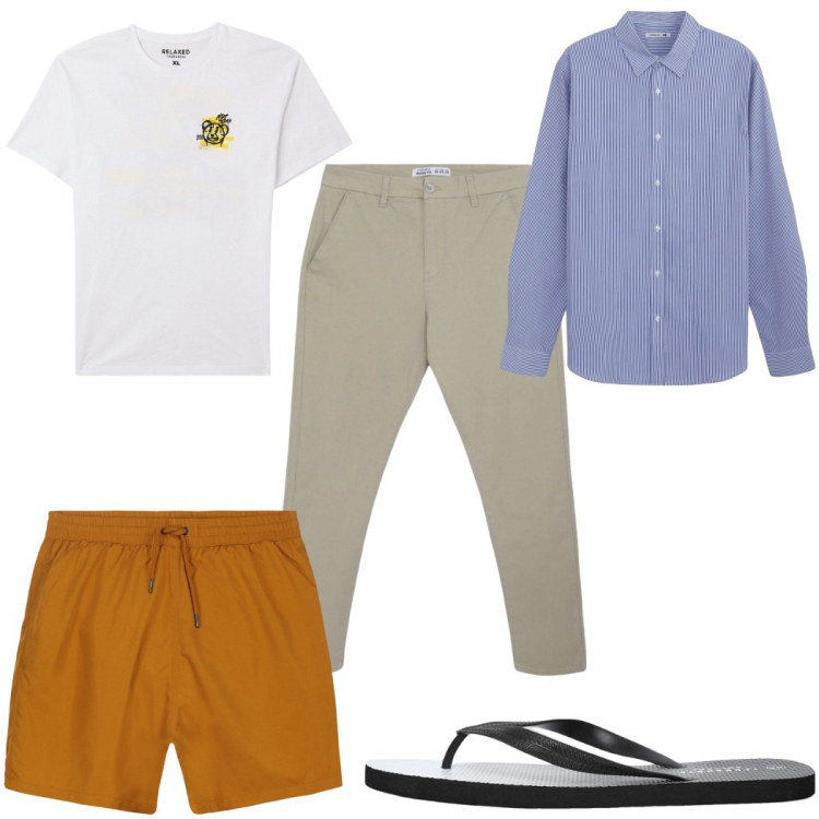 Outfit uomo - Total look #2272683. Stile Trendy per Mare. Abbinamento con t-shirt, camicie, pantaloni chino, sandali, costumi.