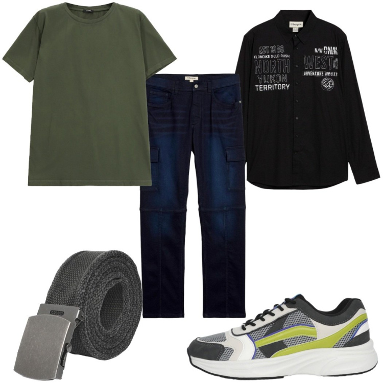 Outfit uomo - Total look #2272684. Stile Casual per Tutti i giorni. Abbinamento con camicie, jeans dritti, cinture, sneakers, t-shirt.