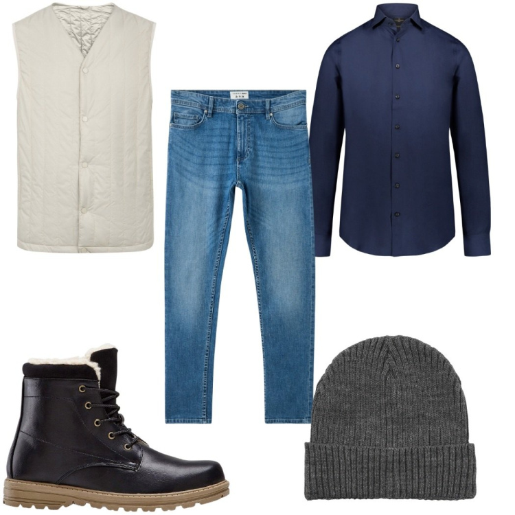 Outfit uomo - Total look #2272685. Stile Casual per Tutti i giorni. Abbinamento con stivali e stivaletti, jeans skinny, berretti, camicie, piumini.