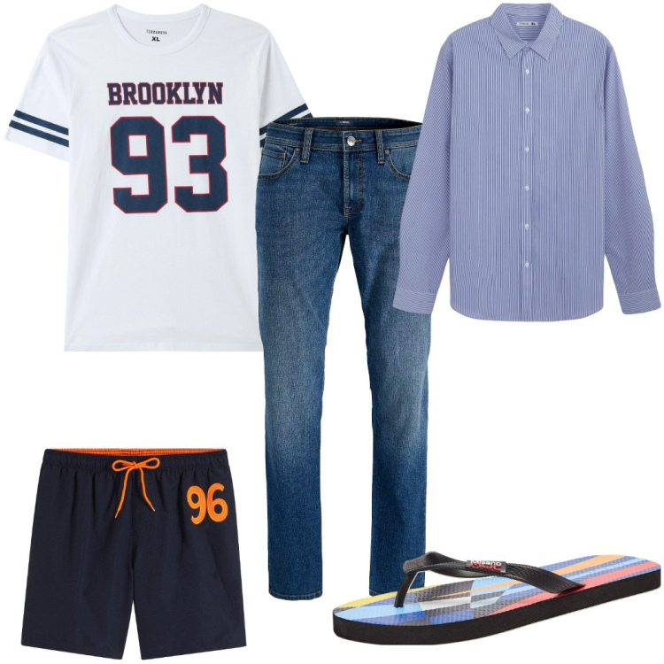 Outfit uomo - Total look #2272686. Stile Trendy per Mare. Abbinamento con jeans, costumi, sandali, t-shirt, camicie.