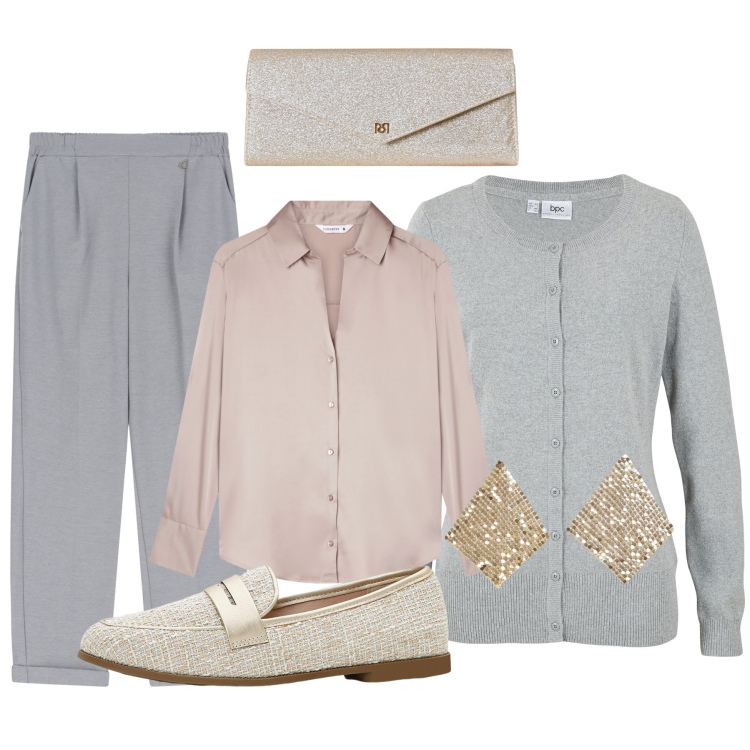 Outfit donna - Il cardigan grigio. Stile Basic per Tutti i giorni. Abbinamento con cardigans, mocassini, orecchini, camicie, pochette, pantaloni.