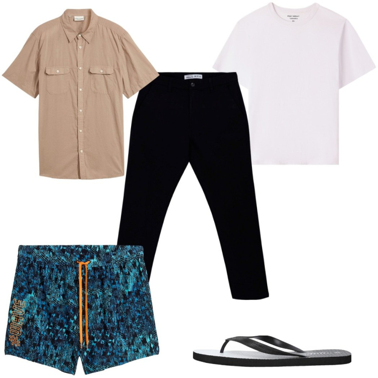 Outfit uomo - Total look #2272692. Stile Trendy per Mare. Abbinamento con camicie a manica corta, costumi, pantaloni chino, sandali, t-shirt.