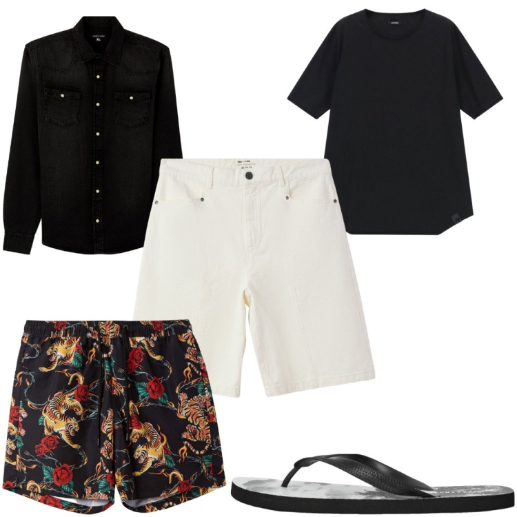 Outfit uomo - Total look #2272693. Stile Trendy per Mare. Abbinamento con camicie, bermuda, sandali, costumi, t-shirt.