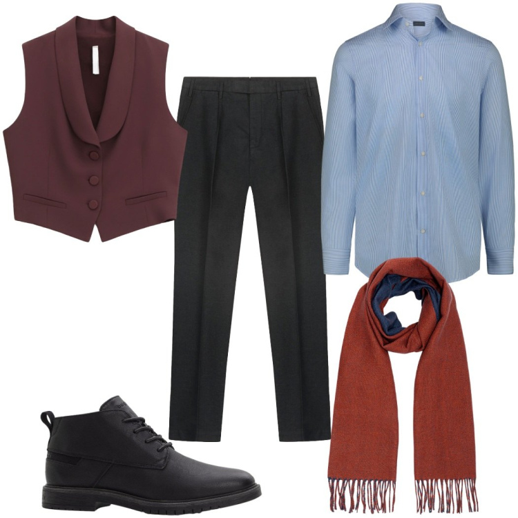 Outfit uomo - Total look #2272694. Stile Casual per Tutti i giorni. Abbinamento con stivali e stivaletti, gilet, camicie, sciarpe, pantaloni.