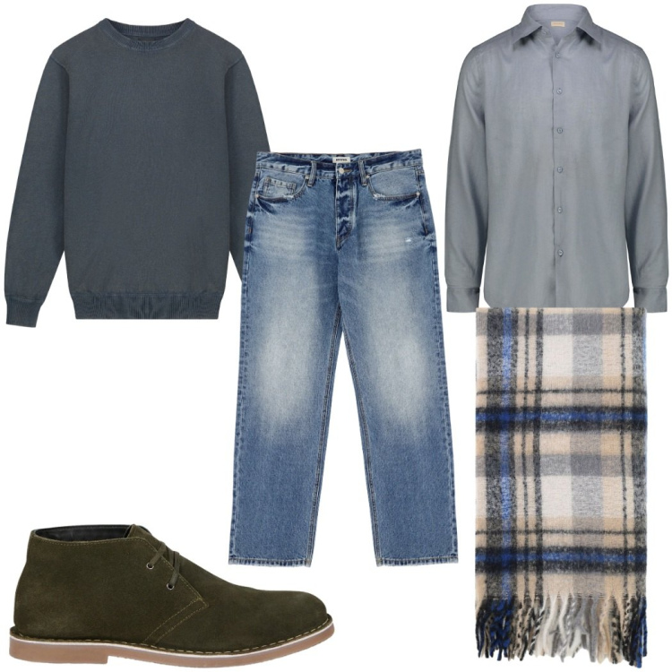 Outfit uomo - Total look #2272695. Stile Casual per Tutti i giorni. Abbinamento con jeans, sciarpe, camicie, stivali e stivaletti, maglieria.