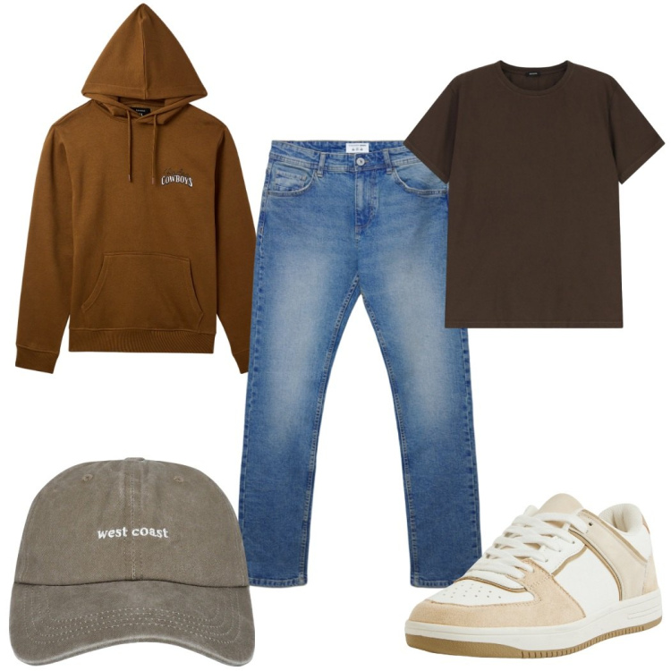 Outfit uomo - Total look #2272696. Stile Casual per Tutti i giorni. Abbinamento con felpe con cappuccio, sneakers, cappelli con visiera, jeans dritti, t-shirt.