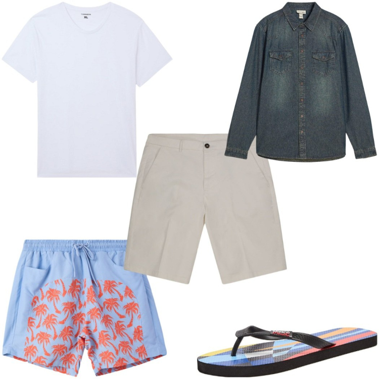 Outfit uomo - Total look #2272698. Stile Trendy per Mare. Abbinamento con camicie, sandali, t-shirt, costumi, bermuda.