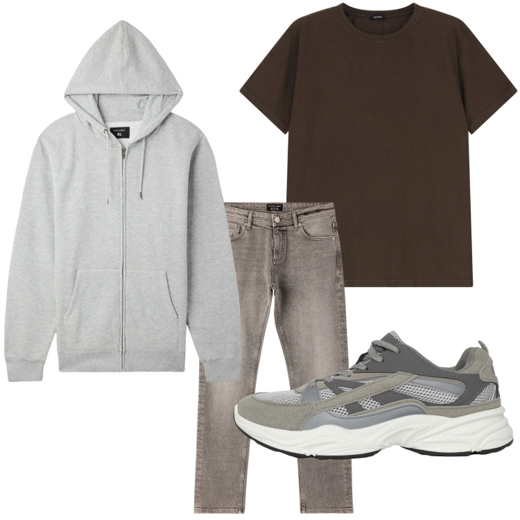 Outfit uomo - Nuance neutra. Stile Trendy per Tutti i giorni. Abbinamento con felpe con cappuccio, sneakers, jeans, t-shirt.