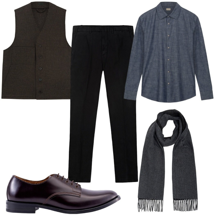 Outfit uomo - Total look #2272700. Stile Casual per Ufficio. Abbinamento con pantaloni, scarpe stringate, sciarpe, camicie, gilet.