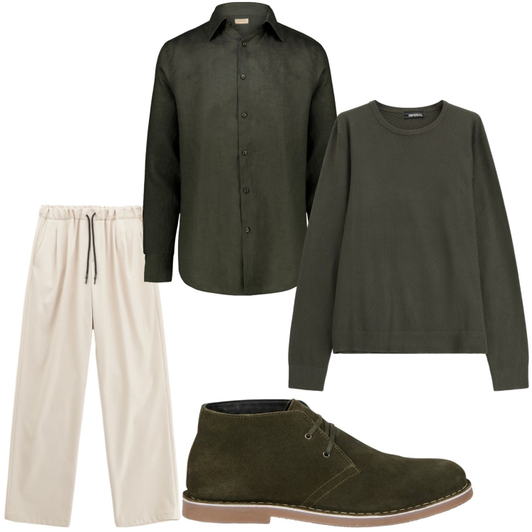 Outfit uomo - Tonalità verde timo. Stile Casual per Tutti i giorni. Abbinamento con pantaloni, maglieria, camicie, stivali e stivaletti.