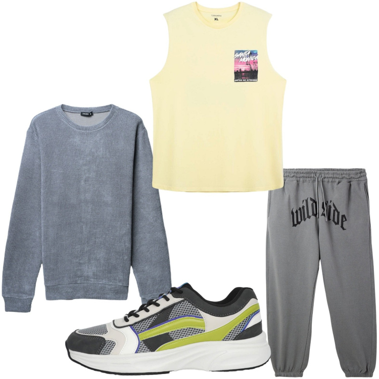Outfit uomo - Il grigio instancabile. Stile Casual per Sport. Abbinamento con maglieria, pantaloni, canottiere, sneakers.