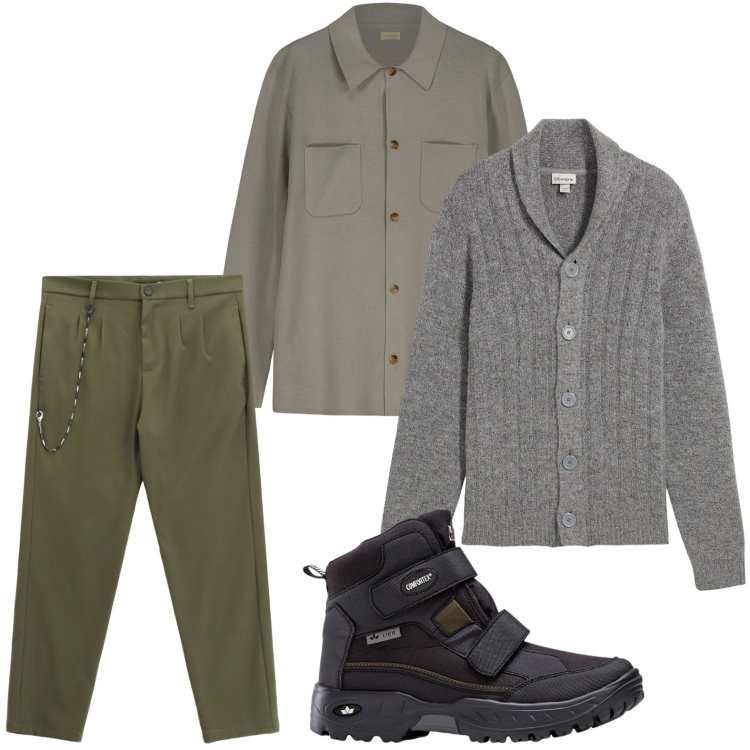 Outfit uomo - Grigio: colore trend. Stile Trendy per Tutti i giorni. Abbinamento con stivali e stivaletti, cardigans, pantaloni, cardigans.
