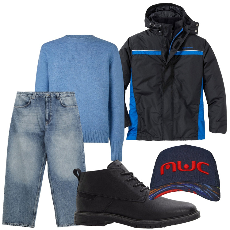 Outfit uomo - Look attuale. Stile Casual per Tutti i giorni. Abbinamento con giacche, stivali e stivaletti, cappelli con visiera, jeans, maglieria.
