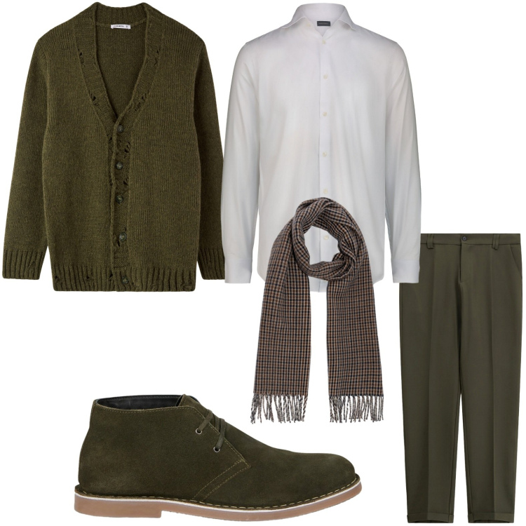 Outfit uomo - Il color verde raffinato. Stile Casual per Tutti i giorni. Abbinamento con cardigans, pantaloni chino, stivali e stivaletti, sciarpe, camicie.