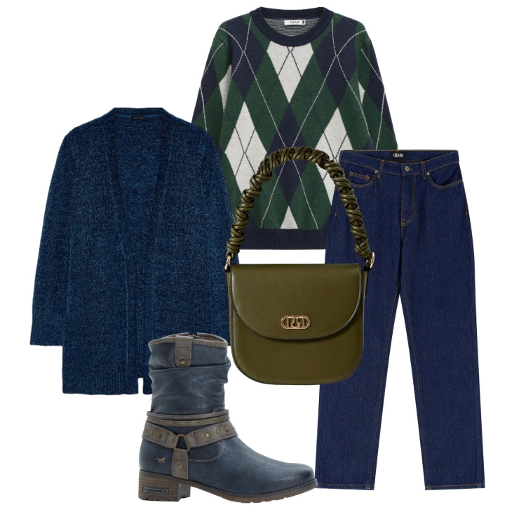 Outfit donna - Total look #2272711. Stile Casual chic per Tutti i giorni. Abbinamento con stivali, borse a mano, maglieria, jeans dritti, cardigans.
