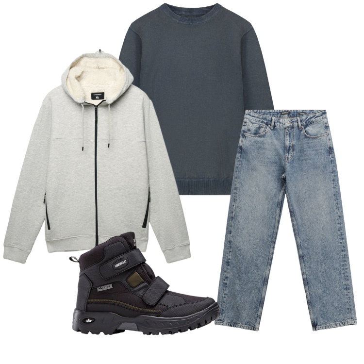 Outfit uomo - Total look #2272712. Stile Casual per Tutti i giorni. Abbinamento con stivali e stivaletti, felpe con cappuccio, jeans dritti, maglieria.