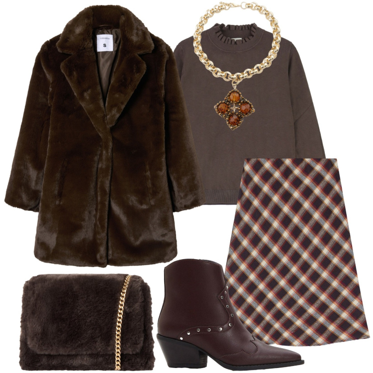 Outfit donna - Total look #2272713. Stile Casual chic per Tutti i giorni. Abbinamento con stivaletti texani, cappotti, borse a tracolla, gonne, collane, maglieria.