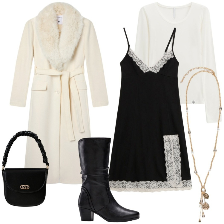 Outfit donna - L\'abito sottoveste. Stile Chic per Serata fuori. Abbinamento con stivali, cappotti, borse a mano, t-shirt, vestiti, ciondoli.