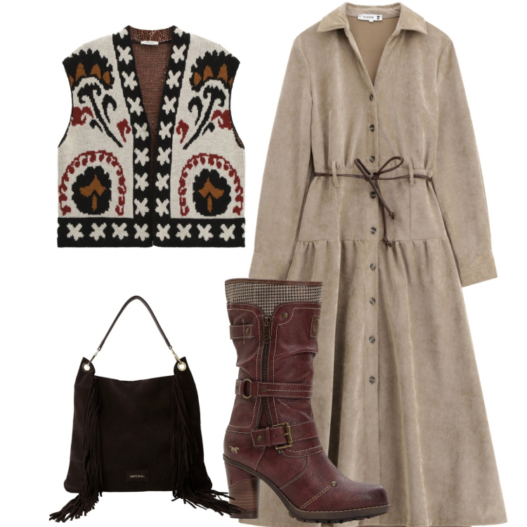 Outfit donna - Total look #2272715. Stile Etnico per Tutti i giorni. Abbinamento con stivali, vestiti lunghi, borse a spalla, gilet.
