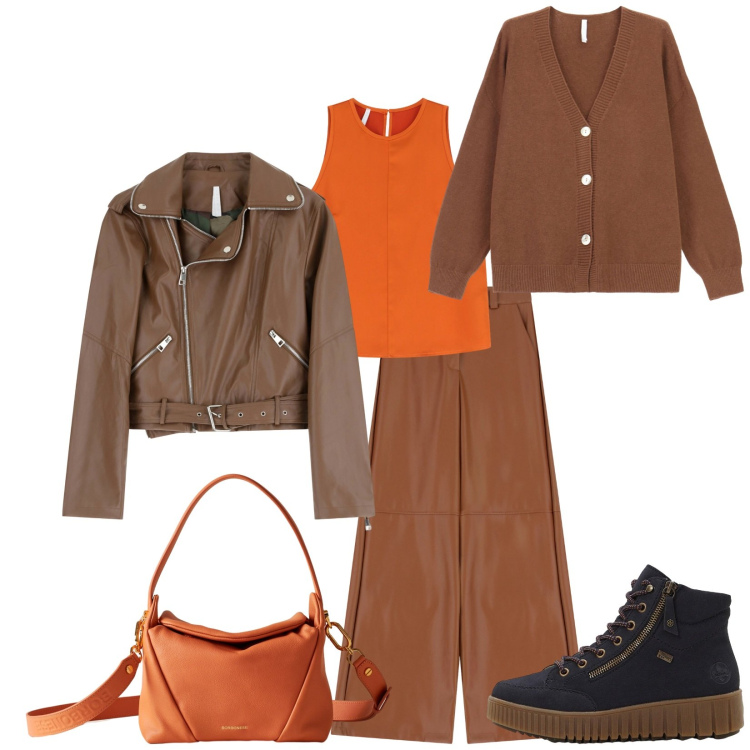 Outfit donna - Total look #2272716. Stile Urban per Tutti i giorni. Abbinamento con sneakers alte, pantaloni a palazzo, borse a spalla, giacche, top, cardigans.