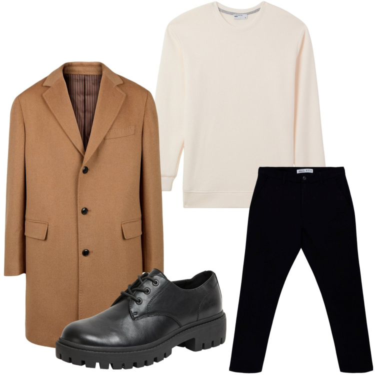 Outfit uomo - Il cappotto per ogni occasione. Stile Trendy per Ufficio. Abbinamento con scarpe stringate, maglieria, pantaloni chino, cappotti.