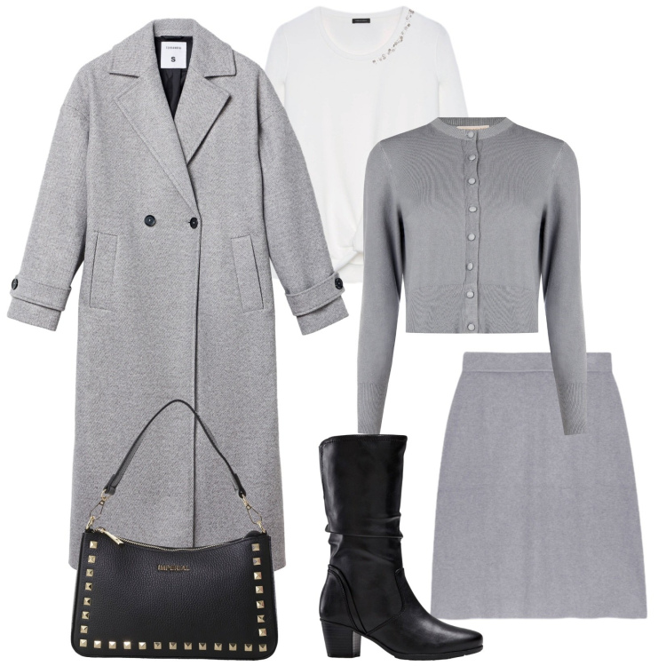 Outfit donna - Total look #2272719. Stile Bon Ton per Serata fuori. Abbinamento con stivali, cappotti, cardigans, pochette, gonne, felpe.
