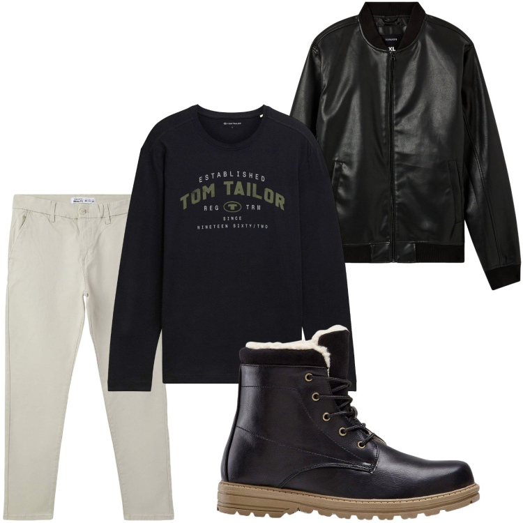 Outfit uomo - Quasi total black. Stile Biker Rock per Serata speciale. Abbinamento con stivali e stivaletti, maglieria, bomber, pantaloni chino.