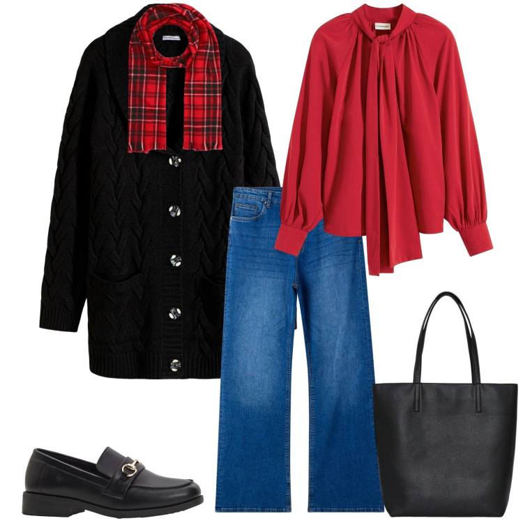 Outfit donna - Total look #2272722. Stile Casual chic per Tutti i giorni. Abbinamento con cardigans, mocassini, camicie, borse tote, jeans a zampa, sciarpe.