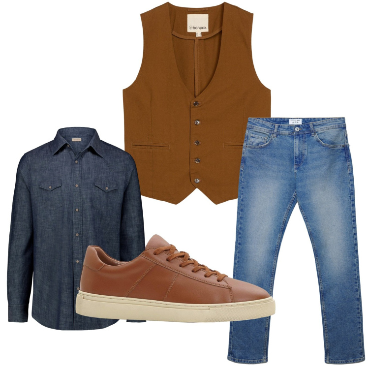 Outfit uomo - Gilet moderno. Stile Trendy per Ufficio. Abbinamento con gilet, sneakers, jeans dritti, camicie.