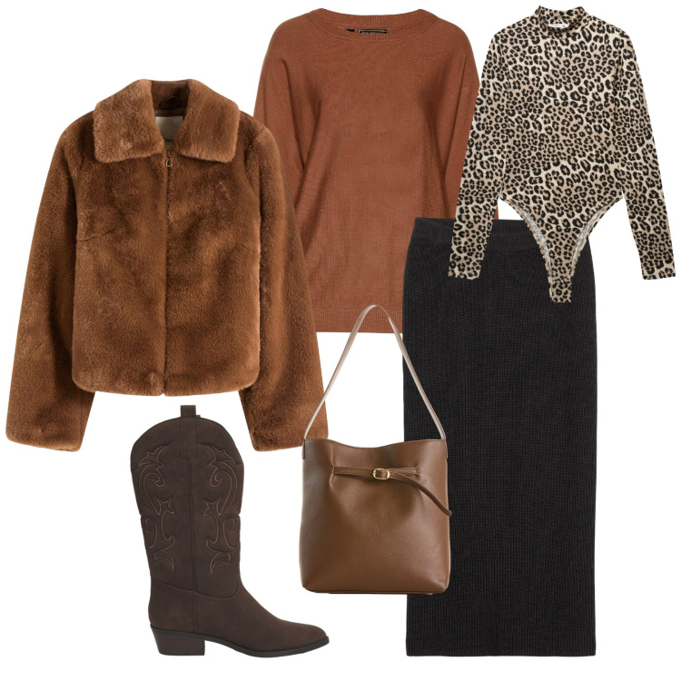 Outfit donna - Total look #2272725. Stile Casual chic per Tutti i giorni. Abbinamento con maglieria, borse a mano, ecopellicce, gonne, body, stivaletti texani.