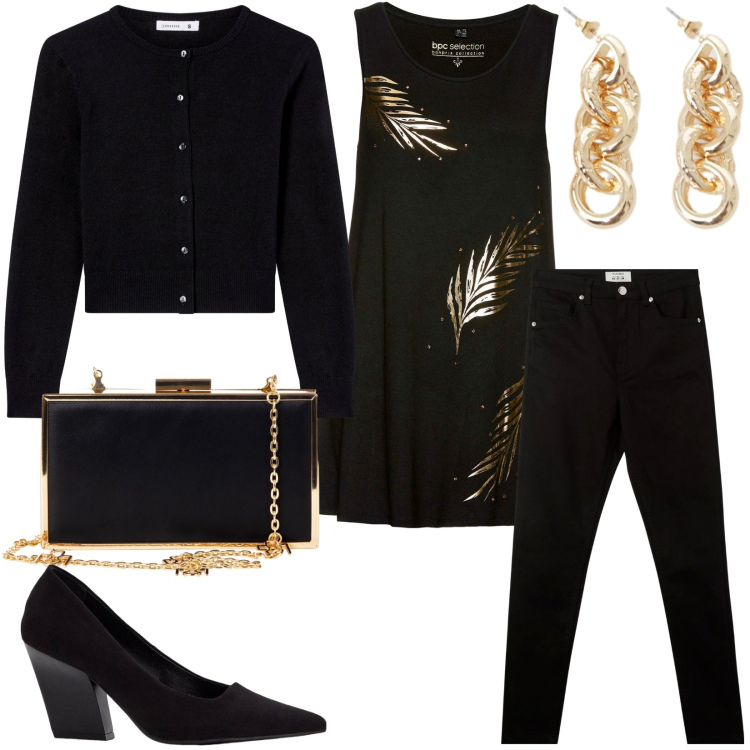 Outfit donna - Total look #2272727. Stile Casual chic per Serata fuori. Abbinamento con top, décolleté, cardigans, pantaloni skinny, pochette, orecchini.