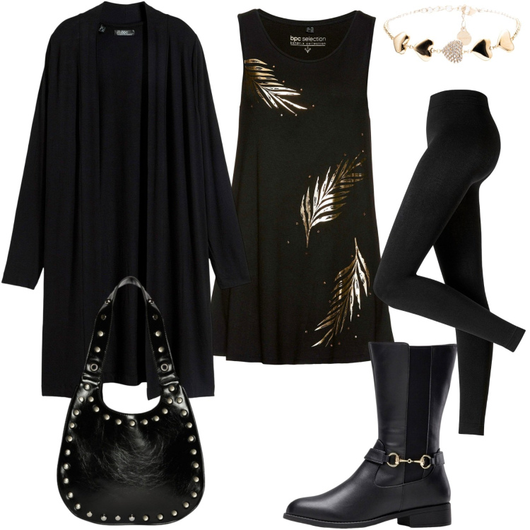 Outfit donna - Total look #2272729. Stile Casual chic per Tutti i giorni. Abbinamento con leggings, cardigans, top, stivali, braccialetti, borse a spalla.