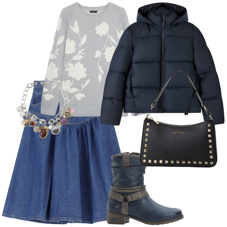 Outfit donna - Oggi freddo. per Tutti i giorni. Abbinamento con stivali, bomber, gonne longuette, pochette, braccialetti con ciondoli, maglieria.