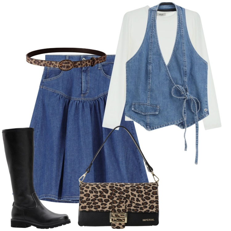 Outfit donna - Ancora fa caldo. Stile Casual chic per Tutti i giorni. Abbinamento con stivali, cinture, gonne longuette, gilet, t-shirt, borse a spalla.