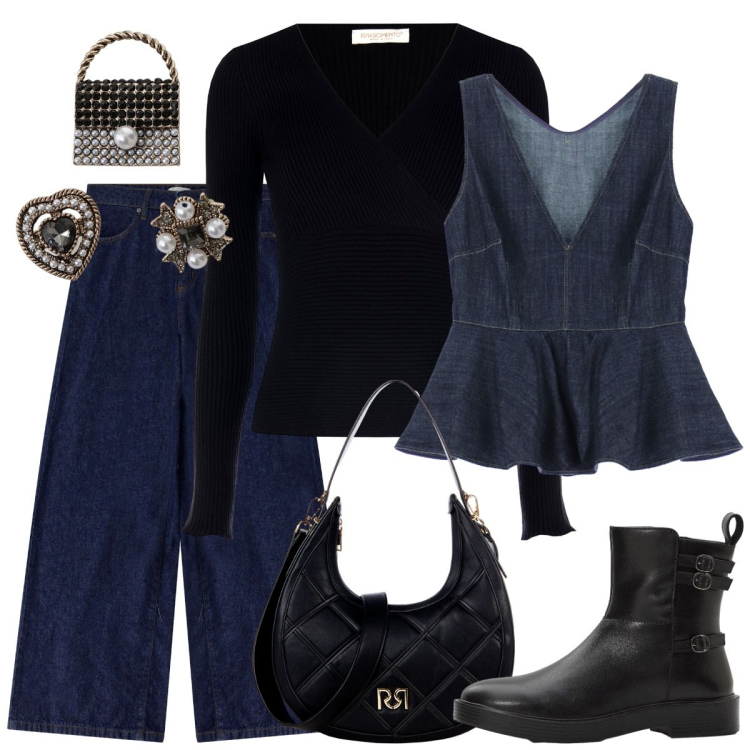Outfit donna - Jeans e nero. Stile Basic per Serata fuori. Abbinamento con stivaletti, top, jeans, borse a tracolla, maglieria, accessori per capelli.