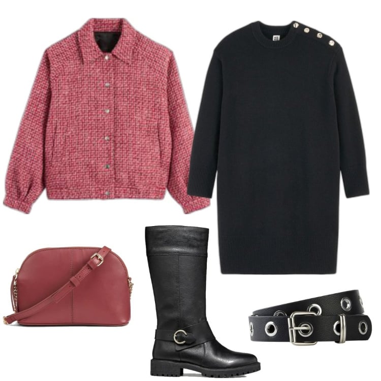 Outfit mujer - Black Chic. Estilo Trendy para Todos los días. Combinación con cinturones, bandoleras, bomber, botas, vestidos cortos.