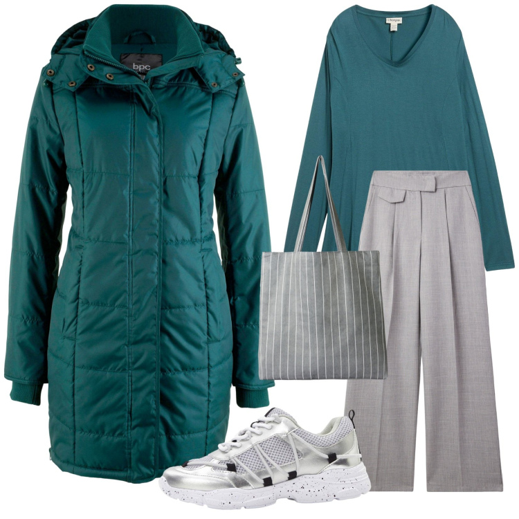 Outfit donna - Total look #2272739. Stile Casual per Tutti i giorni. Abbinamento con giacche, sneakers, maglieria, pantaloni, shopping bag.