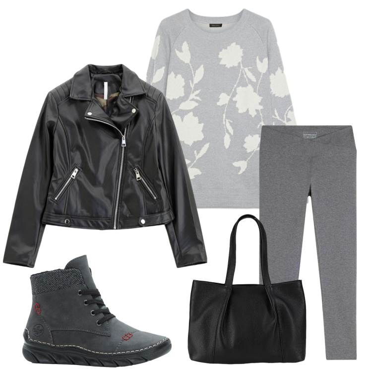 Outfit donna - Total look #2272740. Stile Casual per Tutti i giorni. Abbinamento con shopping bag, stivaletti, blazer, leggings, maglieria.