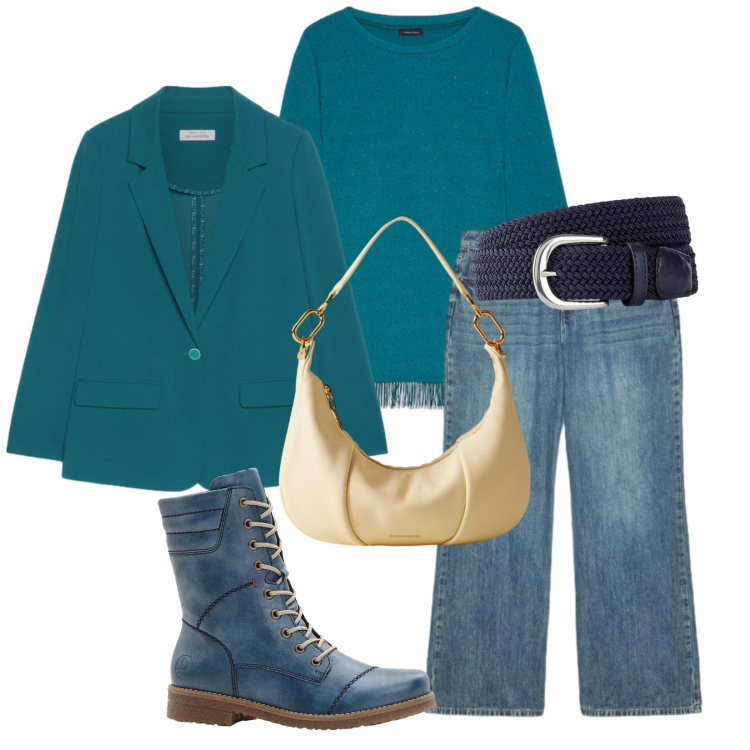 Outfit donna - Total look #2272741. Stile Casual per Tutti i giorni. Abbinamento con stivaletti, cinture, borse a spalla, bluse, jeans, blazer.