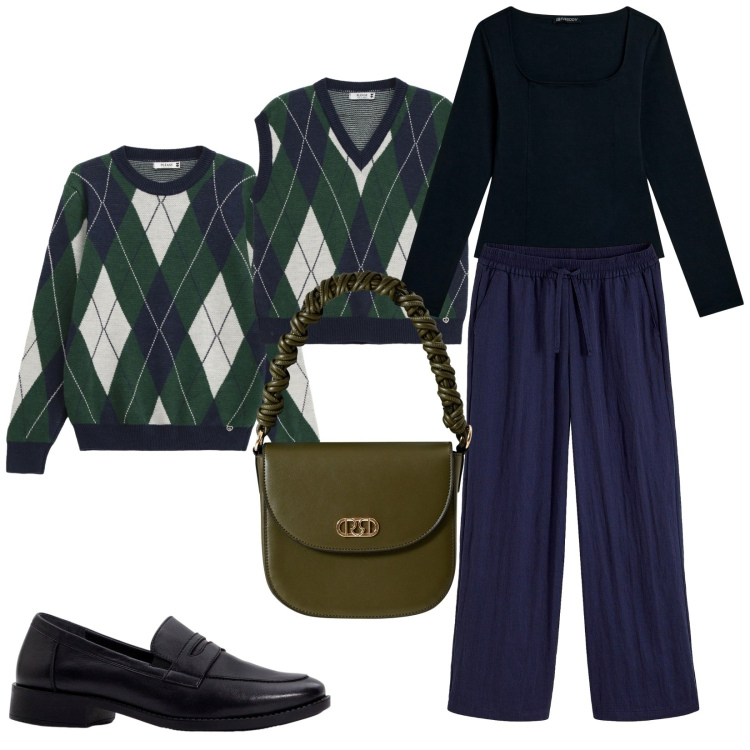 Outfit donna - Total look #2272742. Stile Casual per Tutti i giorni. Abbinamento con mocassini, pantaloni, gilet, maglieria, borse a mano, body.