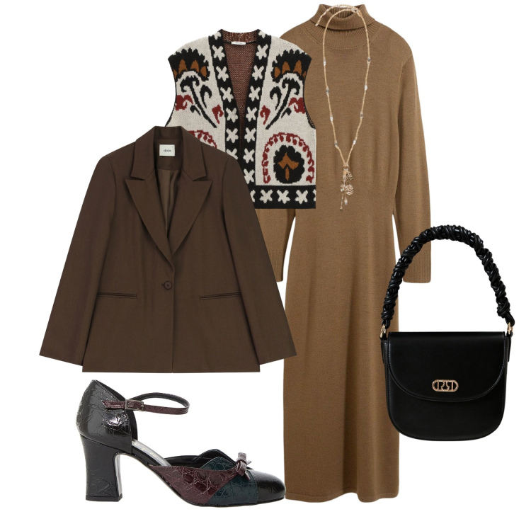 Outfit donna - Total look #2272743. Stile Chic per Ufficio. Abbinamento con vestiti, borse a mano, blazer, décolleté, gilet, ciondoli.
