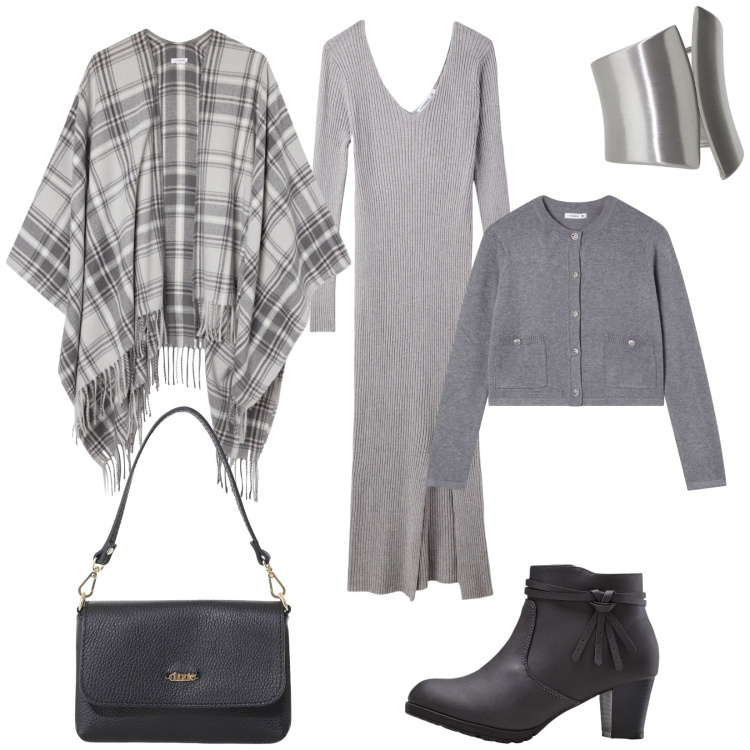 Outfit donna - Total look #2272745. Stile Casual chic per Serata fuori. Abbinamento con stivaletti, vestiti lunghi, cardigans, cappotti, borse a tracolla, anelli.
