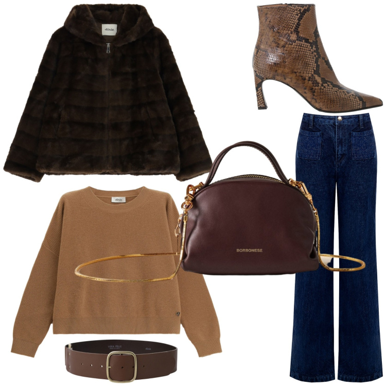 Outfit donna - Quiet luxury. Stile Chic per Serata fuori. Abbinamento con jeans, blazer, maglieria, cinture, stivaletti, borse a mano.