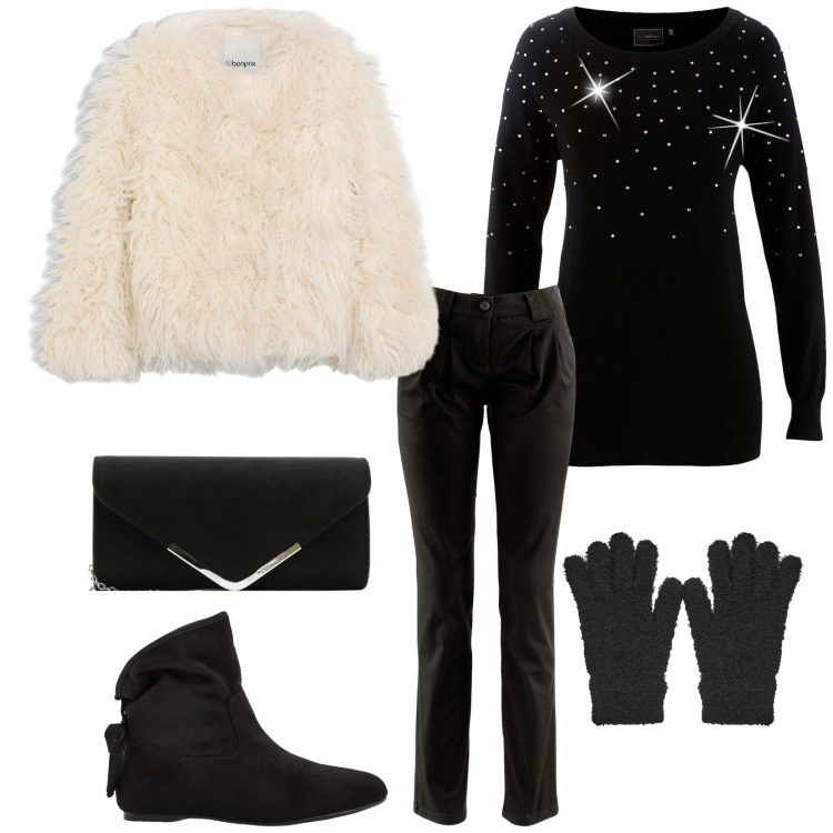 Outfit donna - Total look #2272749. Stile Casual chic per Serata fuori. Abbinamento con maglieria, stivaletti, ecopellicce, pochette, pantaloni chino, guanti.