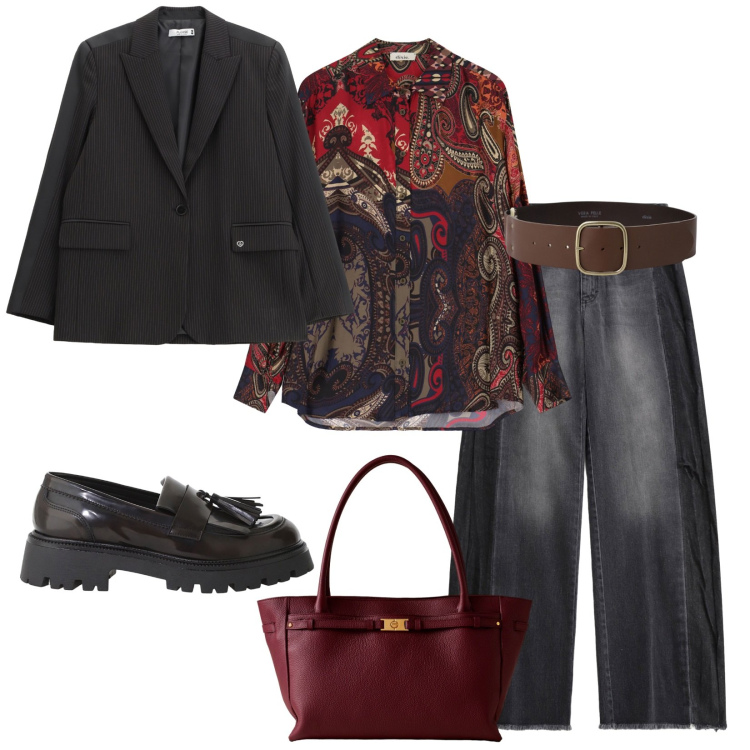 Outfit donna - Total look #2272753. Stile Casual per Tutti i giorni. Abbinamento con jeans, blazer, mocassini, camicie, cinture, shopping bag.