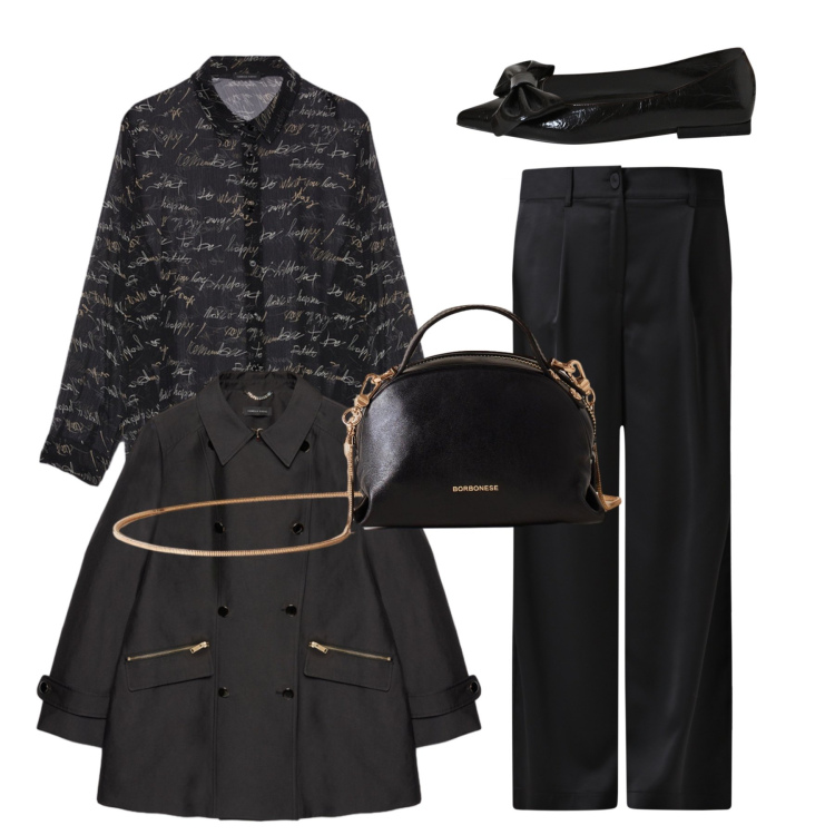 Outfit donna - Nero assoluto. Stile Chic per Serata fuori. Abbinamento con pantaloni, ballerine, borse a mano, trench, camicie.