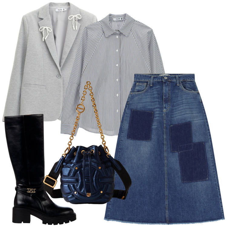 Outfit donna - Chic con gonna in denim. Stile Chic per Tutti i giorni. Abbinamento con stivali sopra il ginocchio, gonne lunghe, blazer, camicie, borse a secchiello.