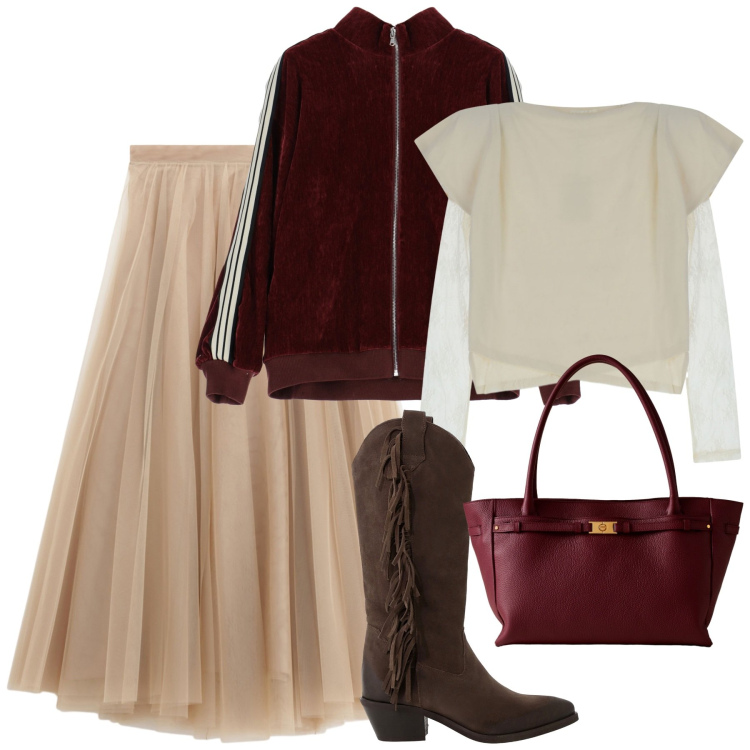 Outfit donna - Gonna in tulle e felpa sporty. Stile Sporty chic per Serata fuori. Abbinamento con gonne lunghe, felpe, stivali, t-shirt, shopping bag.