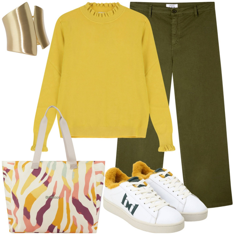 Outfit donna - Tocco di senape. Stile Casual per Tutti i giorni. Abbinamento con pantaloni, sneakers, maglieria, anelli, shopping bag.